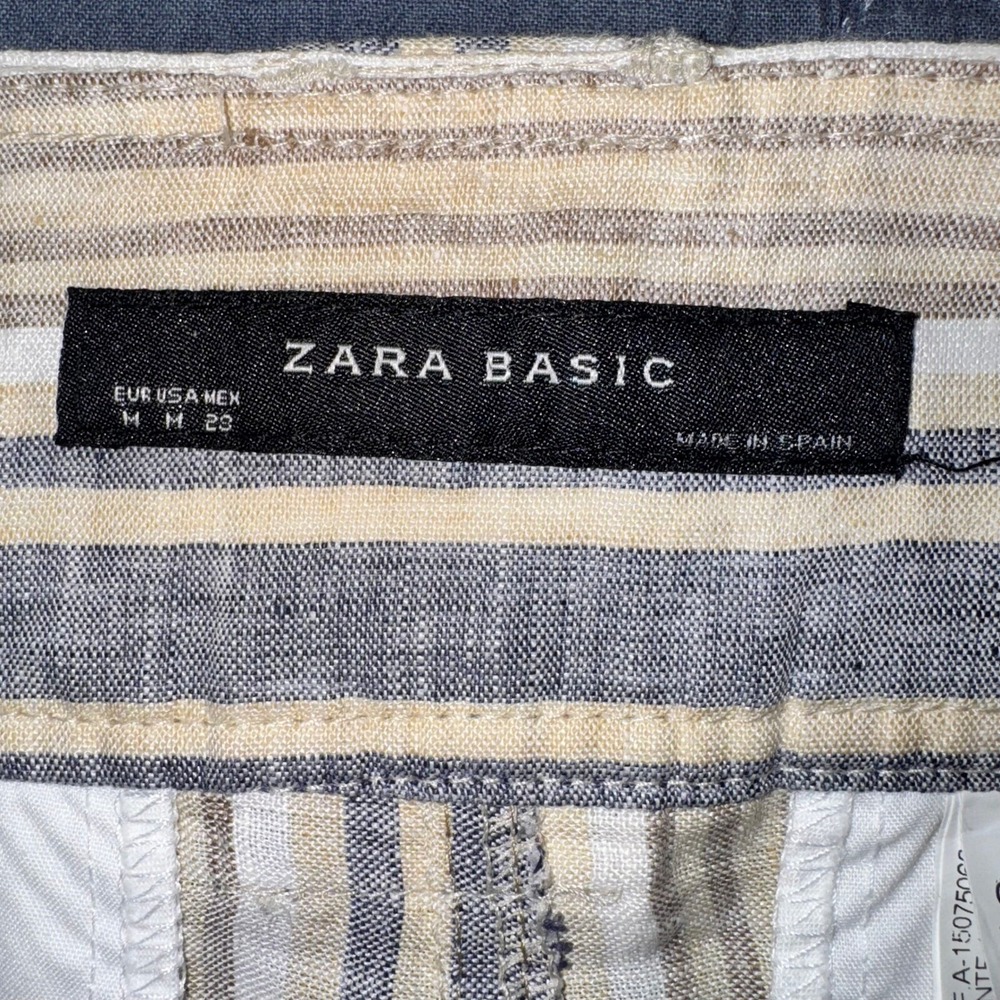 Zara Flax Linen Striped Tie-Waist Shorts Coastal Summer Blue Tan White Size MED - Picture 8 of 15